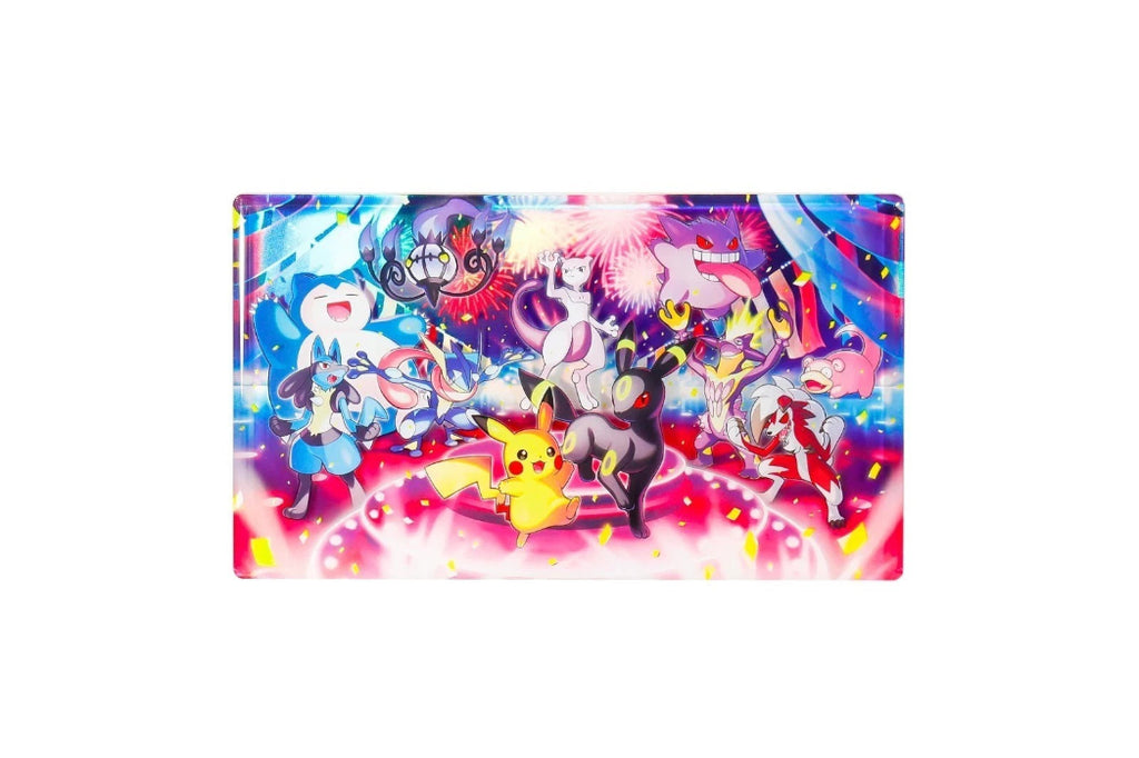 A rectangular collectible card or sticker featuring a colorful group illustration of Pokémon characters, including Pikachu, set against a plain white background.