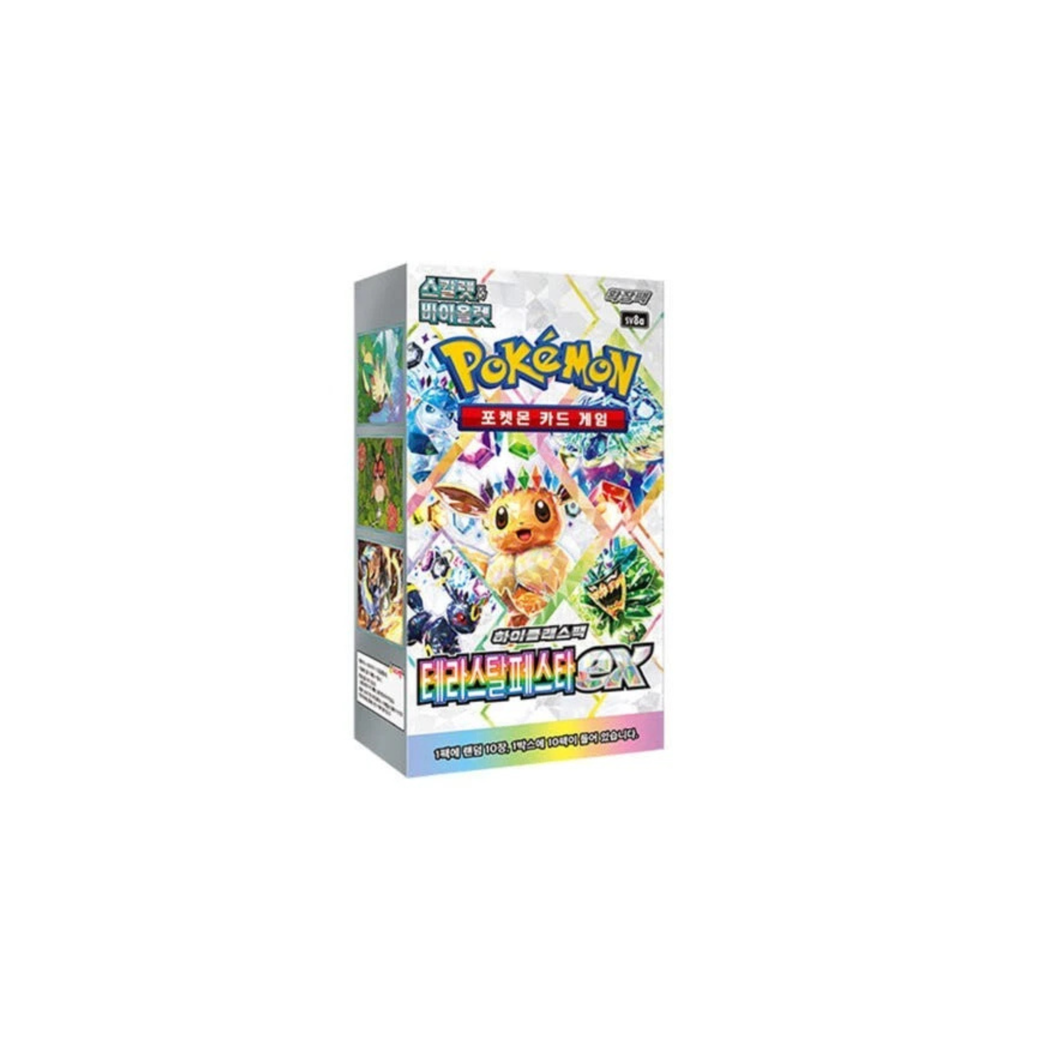 Korean Terastal Festival Pokemon Booster box showcasing Eevee and other terastalized pokemon