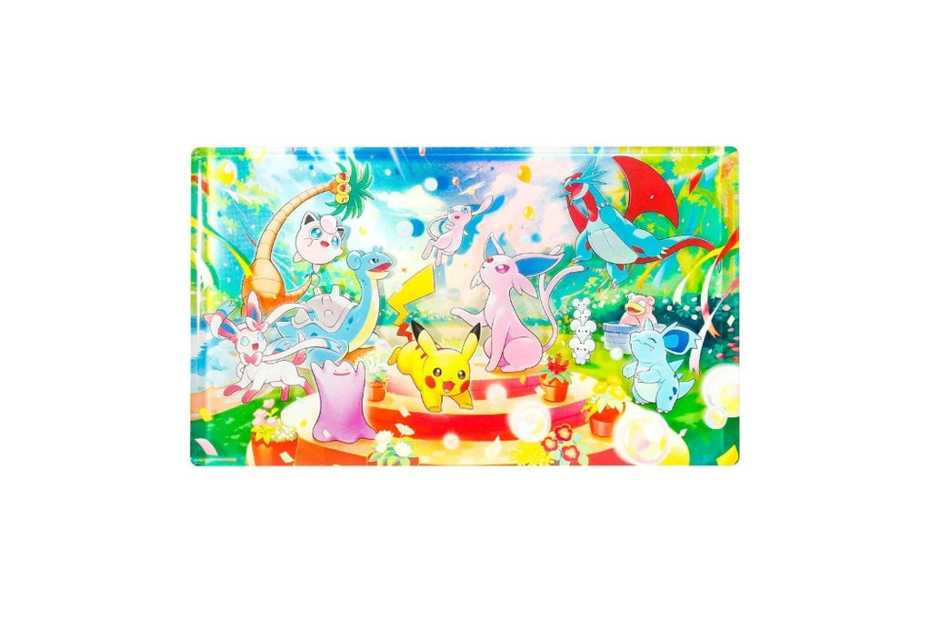 A colorful rectangular art print or card featuring a whimsical fantasy scene with multiple pastel Pokémon characters gathered around a cake on a bright, floral background.