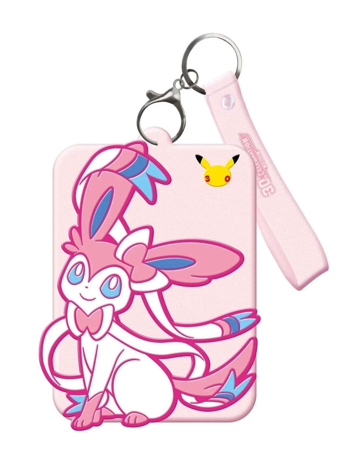 A pink Pokémon keychain featuring Gliscor and a matching wrist strap, with a small Pikachu head graphic and a metal clasp on a white background.