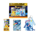 Pokémon 30th Anniversary Celebration set including a 3-pack of booster packs, a holographic card, a blue Pokémon card display case with a keychain, and a framed collectible card featuring Greninja